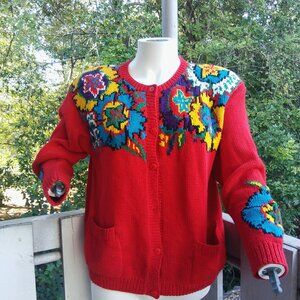 VTG 80s Red Boho Chunky Knit Floral Cottagecore Twee Button Up Cardigan Sweater